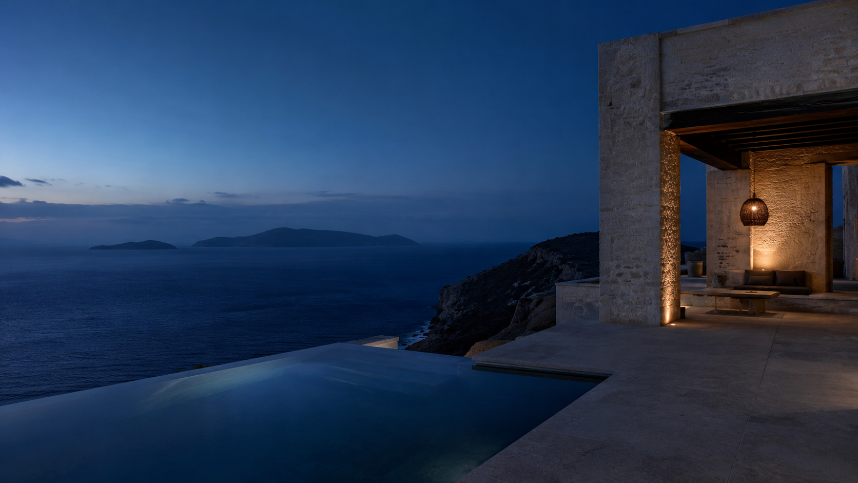Dusk pool at a quiet limestone Aegean residence