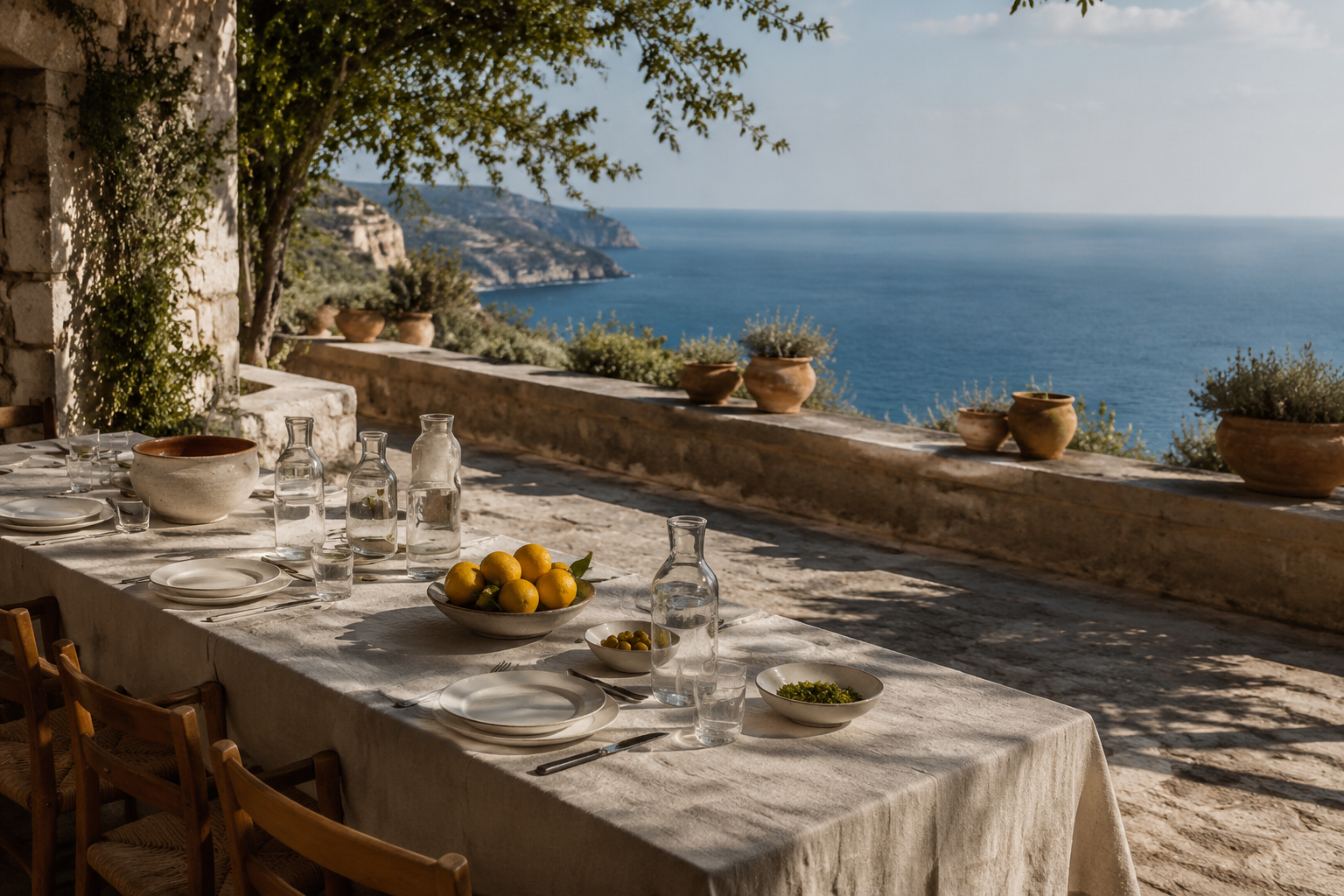 Private lunch set on a shaded sea-facing terrace