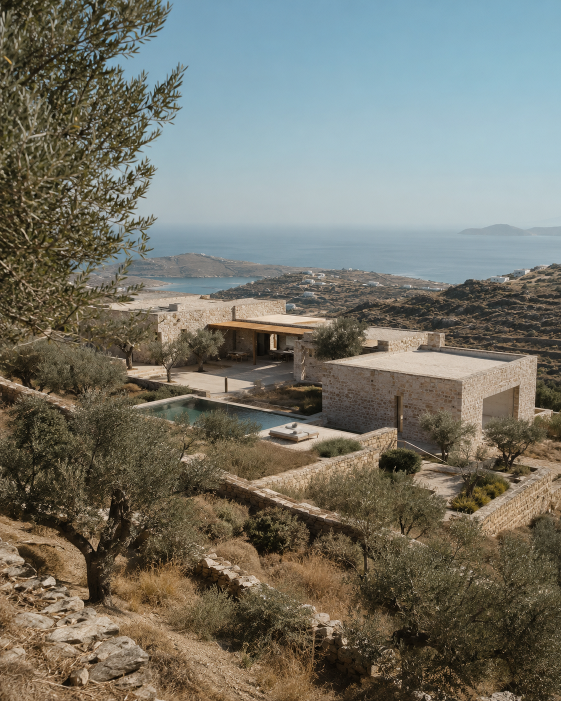 Limestone villa tucked into an olive slope