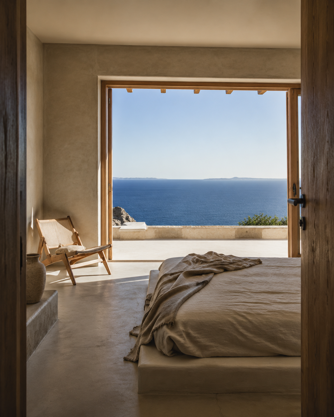 Minimal suite in limestone and oak looking toward the blue sea